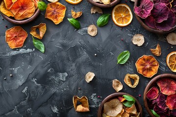 Poster - Organic vegan vegetable chips on dark background Top view