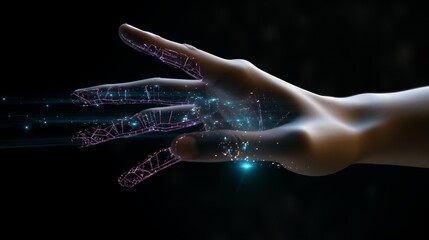 Digital hand hologram on dark background with copy space. Neural network connection. Communication with artificial intelligence.