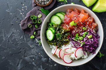 Wall Mural - Overhead shot of healthy Hawaiian tuna poke bowl with rice avocado cucumbers wakame radish and purple cabbage