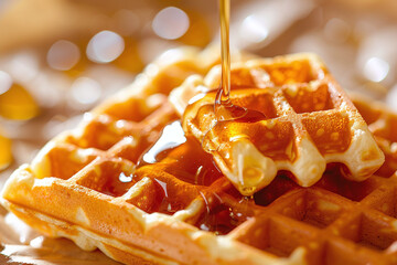 honey dripping on homemade waffle, delicious breakfast