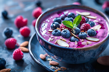 A blueberry smoothie bowl topped with fresh berries and almonds.