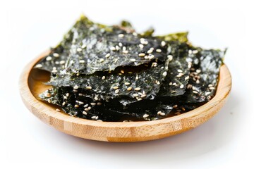 Wall Mural - Roasted nori and sesame topping on wood plate isolated on white background Nori seaweed crispy isolated on white background Gim laver nori i