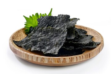 Sticker - Roasted nori seaweed on wood plate white background Gim laver isolated