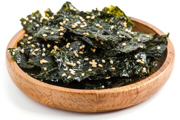 Roasted nori seaweed and sesame topping on wood plate isolated on white background Nori seaweed crispy isolated on white background Gim isol