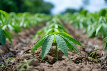 Canvas Print - Row of cassava trees in a Thai field Cassava plants growing cash crop in Thailand Cassava plantation landscape