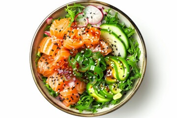 Sticker - Salmon poke bowl isolated on white background viewed from above