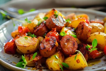 Poster - Sausage with tomato on plate