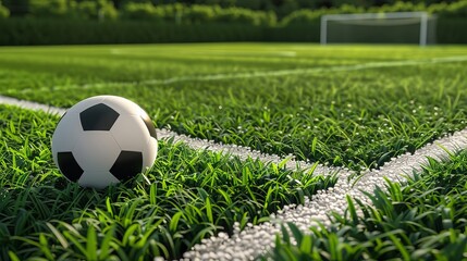 Wall Mural - 3D illustration of a soccer field or football field with a soccer ball on a green grass background