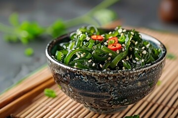 Poster - Seaweed salad with sesame chili in bamboo bowl