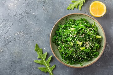 Poster - Seaweed salad with lemon and sesame in a bowl on grey background