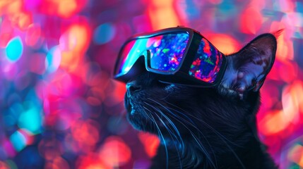 Wall Mural - Black cat with virtual reality headset and colorful bokeh background. Concept of technology, futuristic, animal, digital experience