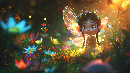 Wall Mural - A 3D cartoon character of a joyful fairy with delicate wings and a radiant smile, fluttering in an enchanted garden with colorful flowers and sparkling lights
