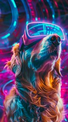 Wall Mural - Golden Retriever dog wearing virtual reality goggles with neon lights in the background. Concept of futuristic pets, technology, and entertainment. Vertical