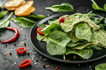 Spinach chips with chili on a black plate crunchy and savory delicious background snack