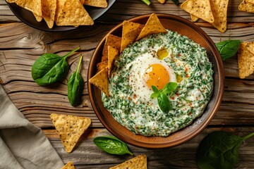 Wall Mural - Spinach dip with eggs and nachos on wooden table
