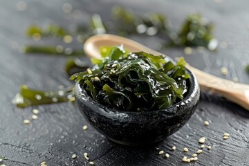 Spoon with dried wakame seaweed on black table