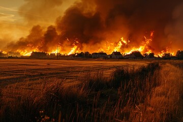 Canvas Print - Steppe fires during drought destroy fields causing environmental and economic damage Fires threaten buildings residents extinguish