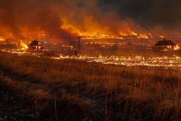 Canvas Print - Steppe fires during severe drought destroy fields Disaster causes regular damage to environment and economy The fire threatens homes Residen