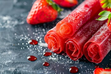Wall Mural - Strawberry and honey pastille fresh fruit Russian pastila raw vegan snack Organic superfood sweets vegetarian food Fruit leather candy roll