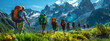© FATNA - Mountain travel hike people adventure man summer journey tourism group sunset trekking. Hike travel woman mountain walk active backpack nature together sport young trail outdoor tourist hiker person