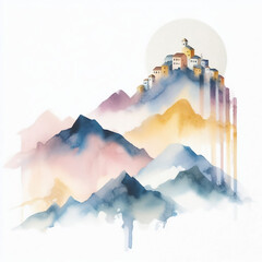 Wall Mural - Abstract watercolor illustration of mountain landscape, with soft colors
