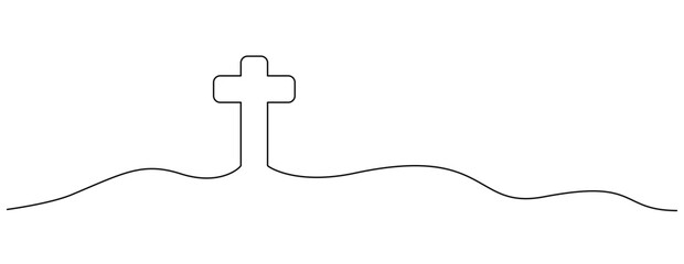 Poster - Single Continuous Line Christian Cross with Mountain Curves - Minimalist Vector Illustration Isolated on Transparent Background
