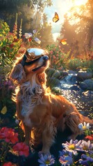 Wall Mural - Cocker Spaniel dog wearing goggles surrounded by colorful butterflies in a garden. Concept of playful pets, nature, and fantasy. Vertical
