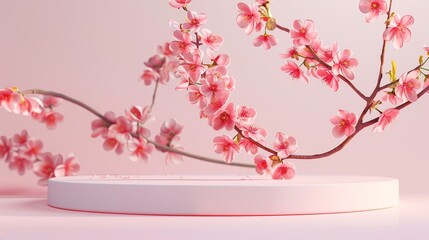 Poster - Round podium platform stand for product presentation and spring flowering tree branch with pink cherry blossom flowers on pastel background. Front view