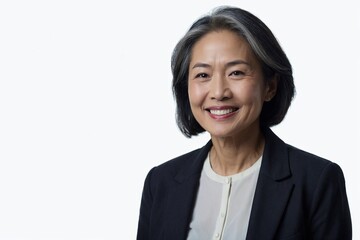 Asian woman with smile on her face next to empty space on white background. Beautiful mature woman in stylish clothes in a studio with place for advertising text.