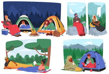 Group Of Characters Enjoying Different Camping Scenarios, With Tents And Sleeping Bags Amidst Nature, Vector Image