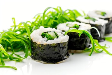 Wall Mural - Sushi and seaweed salad on white background delicious