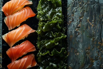 Wall Mural - Sushi and wakame arranged creatively Flat lay Food and macro concept