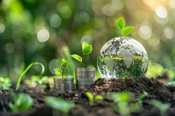 Sustainable finance and investments for green business with carbon credit ESG and green tax focus symbolized by a Green Globe and coins next