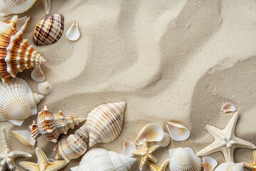 A close-up image of seashells and starfish arranged on a sandy beach background. Generative AI