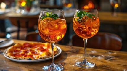 Wine and Pizza on Table