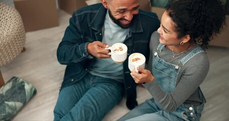 Wall Mural - Boxes, new home and happy couple with coffee on living room floor to celebrate goal together. Cappuccino drink, real estate and people in dream house with property investment, mortgage for future