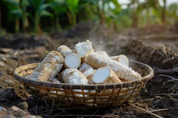 Wall Mural - Tapioca pieces sliced in basket after harvesting in field