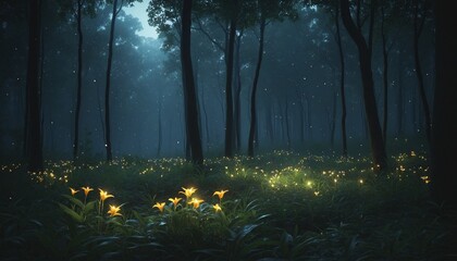 Wall Mural - Enchanted Woodland Scene with Moonlit Fireflies and Grunge Texture