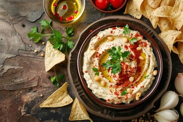 Sticker - Traditional oriental snack plate hummus chips olive oil paprika herbs Overhead view