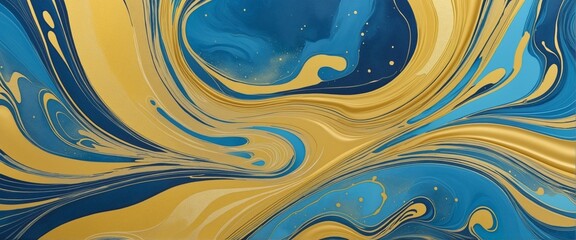 Golden wave of marbled yellow and blue abstract watercolor paint with fluid swirls and lines, creating a liquid ocean texture banner illustration