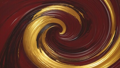 Wall Mural - Sleek black and gold spiral wall art with modern abstract texture and vibrant maroon accents