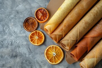 Wall Mural - Various pastilles fruit leather cones and dried oranges on grey background Healthy snack concept sugar free