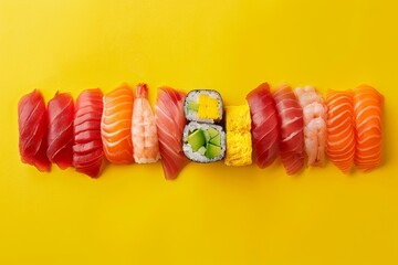 Sticker - Various raw fish sushi on yellow background