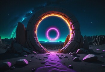 Wall Mural - Magical Crystal Portal Gate with Electric Neon Glow in Cyber Space Landscape