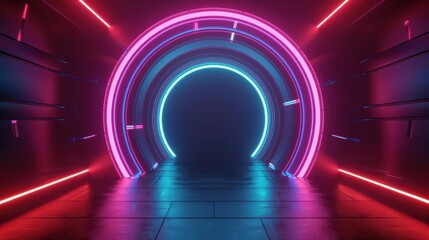 Hightech illustration of a futuristic teleport gate with vibrant neon accents and modern aesthetics with copy space