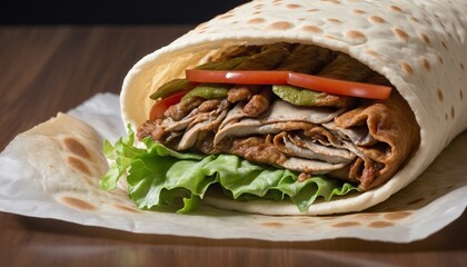 Wall Mural - Homemade chicken shawarma sandwich with juicy grilled meat and fresh vegetable toppings