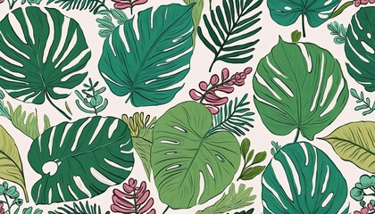 Wall Mural - Contemporary hand-drawn seamless pattern featuring colorful exotic summer foliage in a botanical, organic style