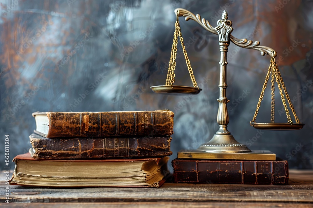 A silver scale of justice rests on top of a stack of worn legal books ...