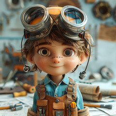 Wall Mural - Eddie Engineer A resourceful boy with a hard hat and tools amidst construction plans and gears ideal for engineering or architectural businesses