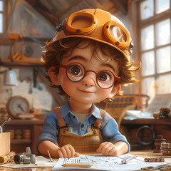 Wall Mural - Eddie Engineer A resourceful boy with a hard hat and tools amidst construction plans and gears ideal for engineering or architectural businesses